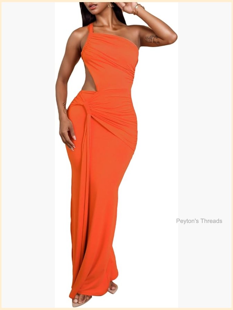 One Shoulder Bodycon Maxi Dress Sleeveless Cutout Ruched Backless Long Cocktail